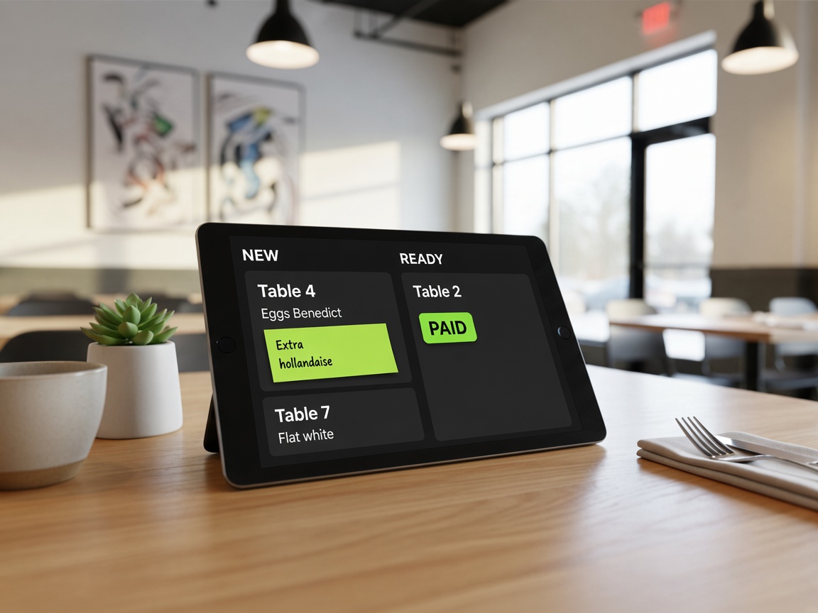 Kitchen display on a tablet at a café table, showing live tickets