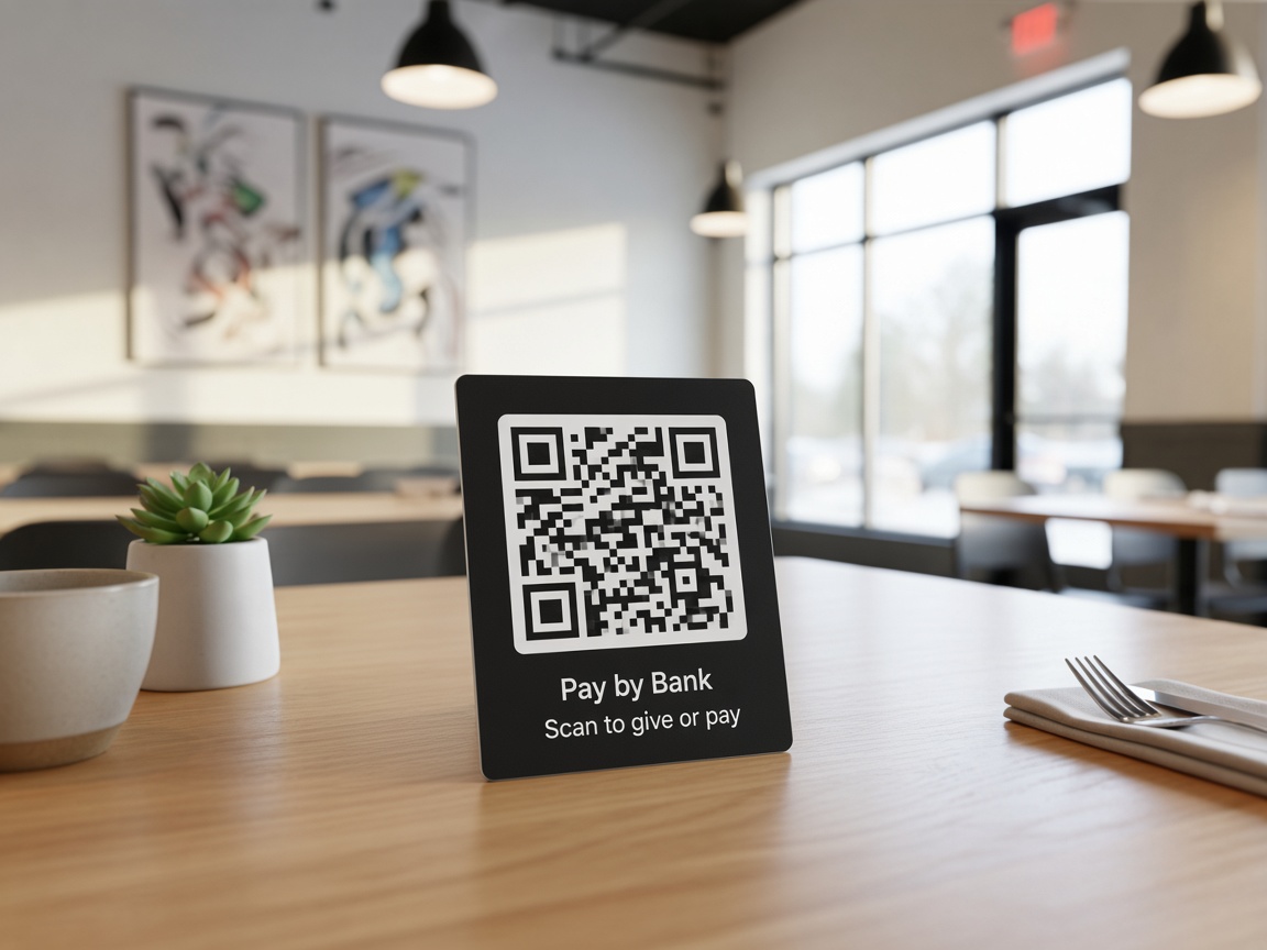 Person scanning a payment QR code on a printed card