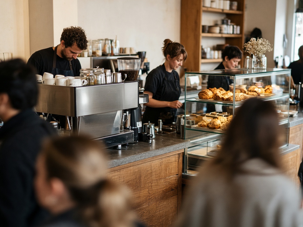 Busy café counter during morning service