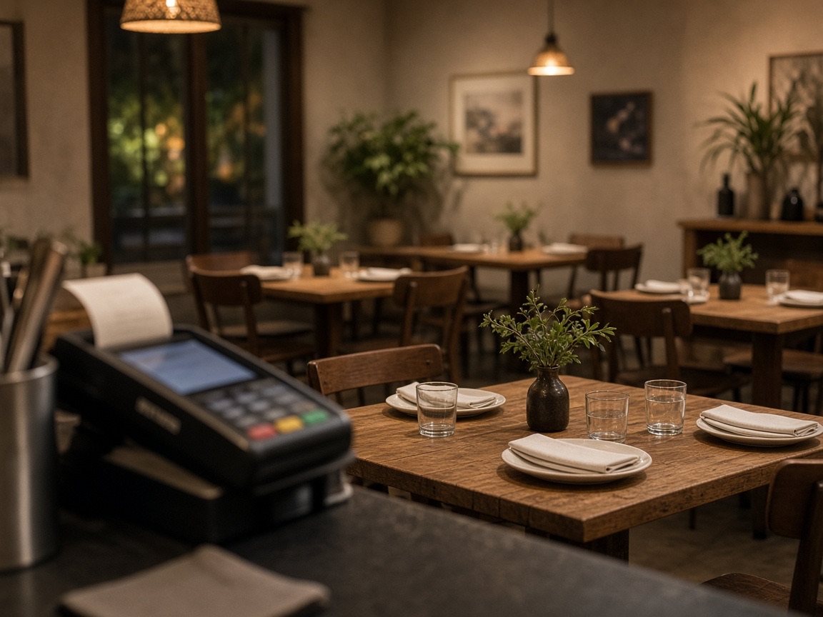 Casual restaurant dining room with a payment terminal on the counter